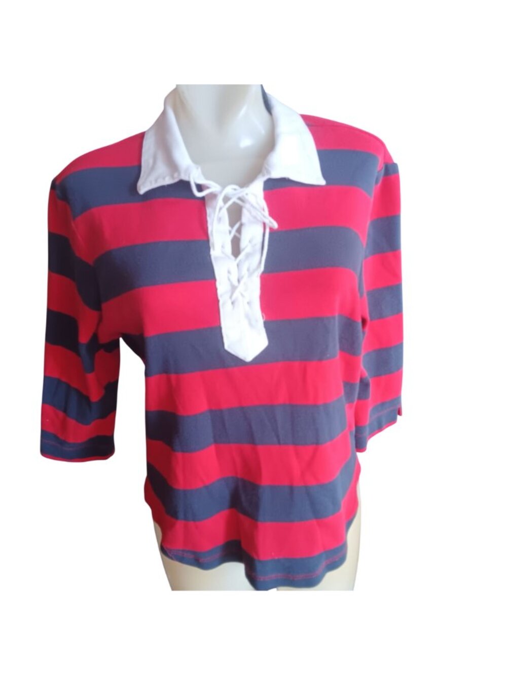 True Vintage Polo Top Medium 90's Striped Lace-Up Collar Rugby Shirt Catalina